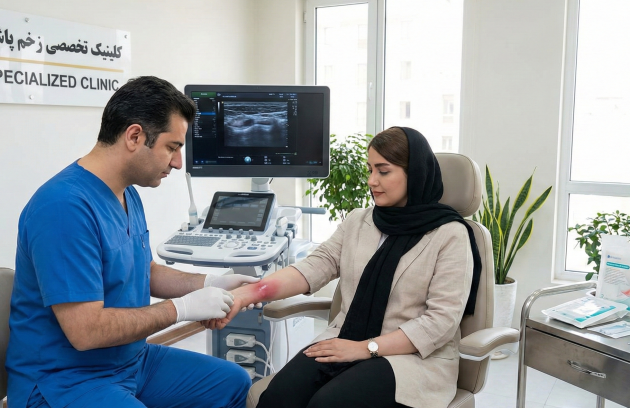 پزشک متخصص در حال معاینه بالینی و درمان آبسه پوستی در تهران روی ساعد بیمار در محیط کلینیک تخصصی زخم پاشنه تهران (درمانگاه هروی).