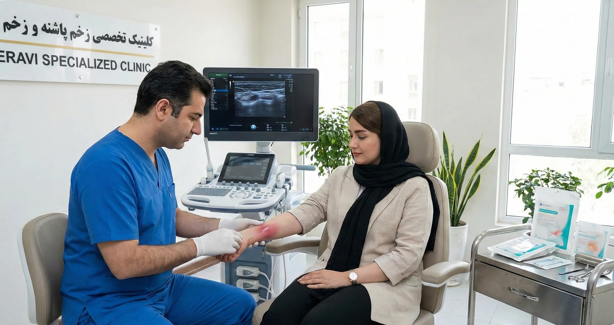 پزشک متخصص در حال معاینه بالینی و درمان آبسه پوستی در تهران روی ساعد بیمار در محیط کلینیک تخصصی زخم پاشنه تهران (درمانگاه هروی).