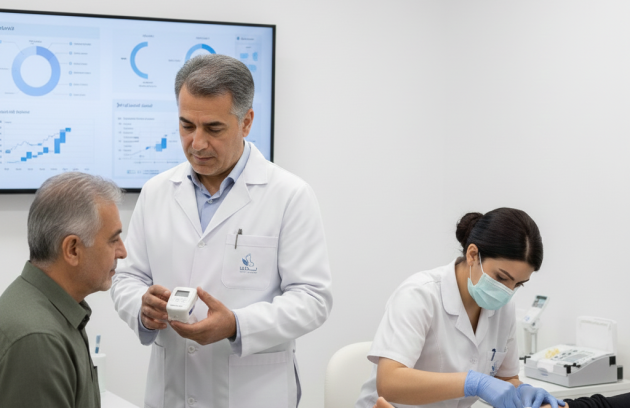 پای بیمار دیابتی در حال مراقبت و کنترل قند خون در کلینیک زخم پاشنه