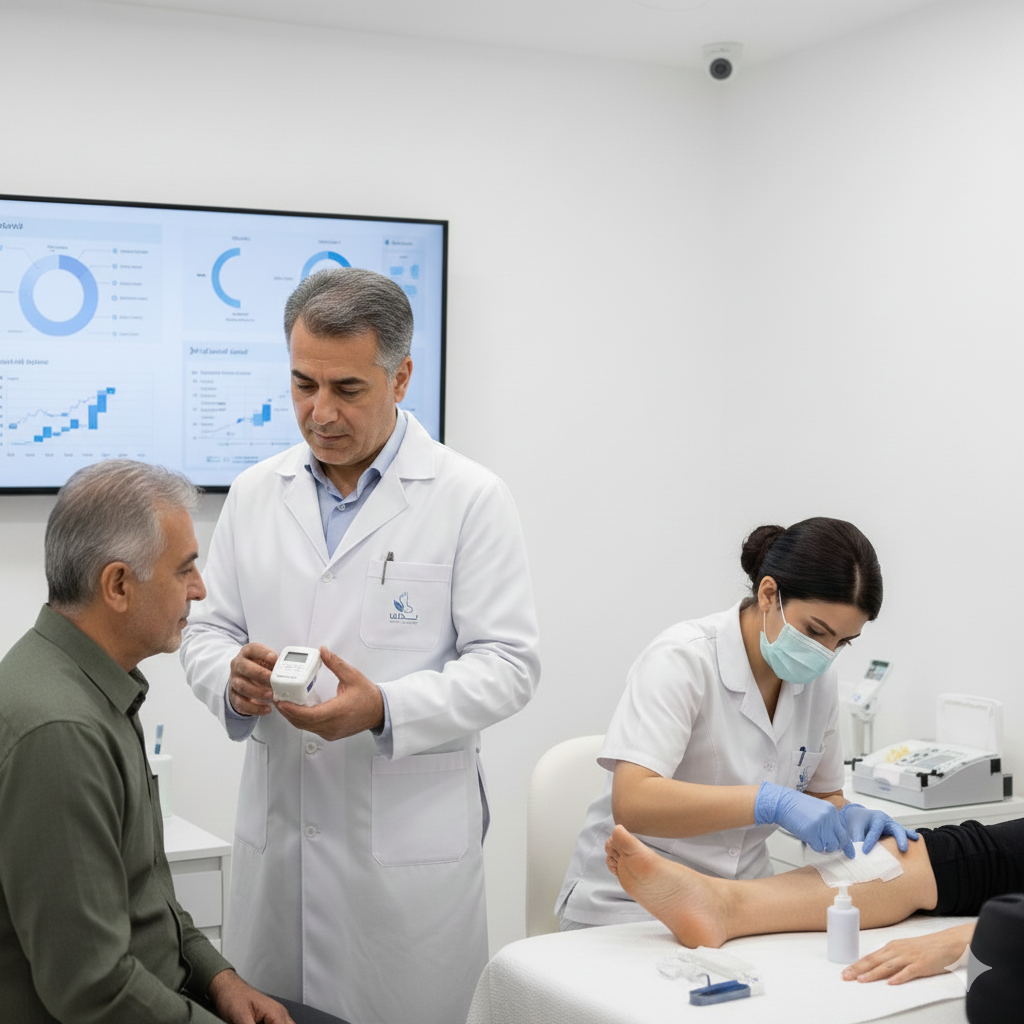 پای بیمار دیابتی در حال مراقبت و کنترل قند خون در کلینیک زخم پاشنه