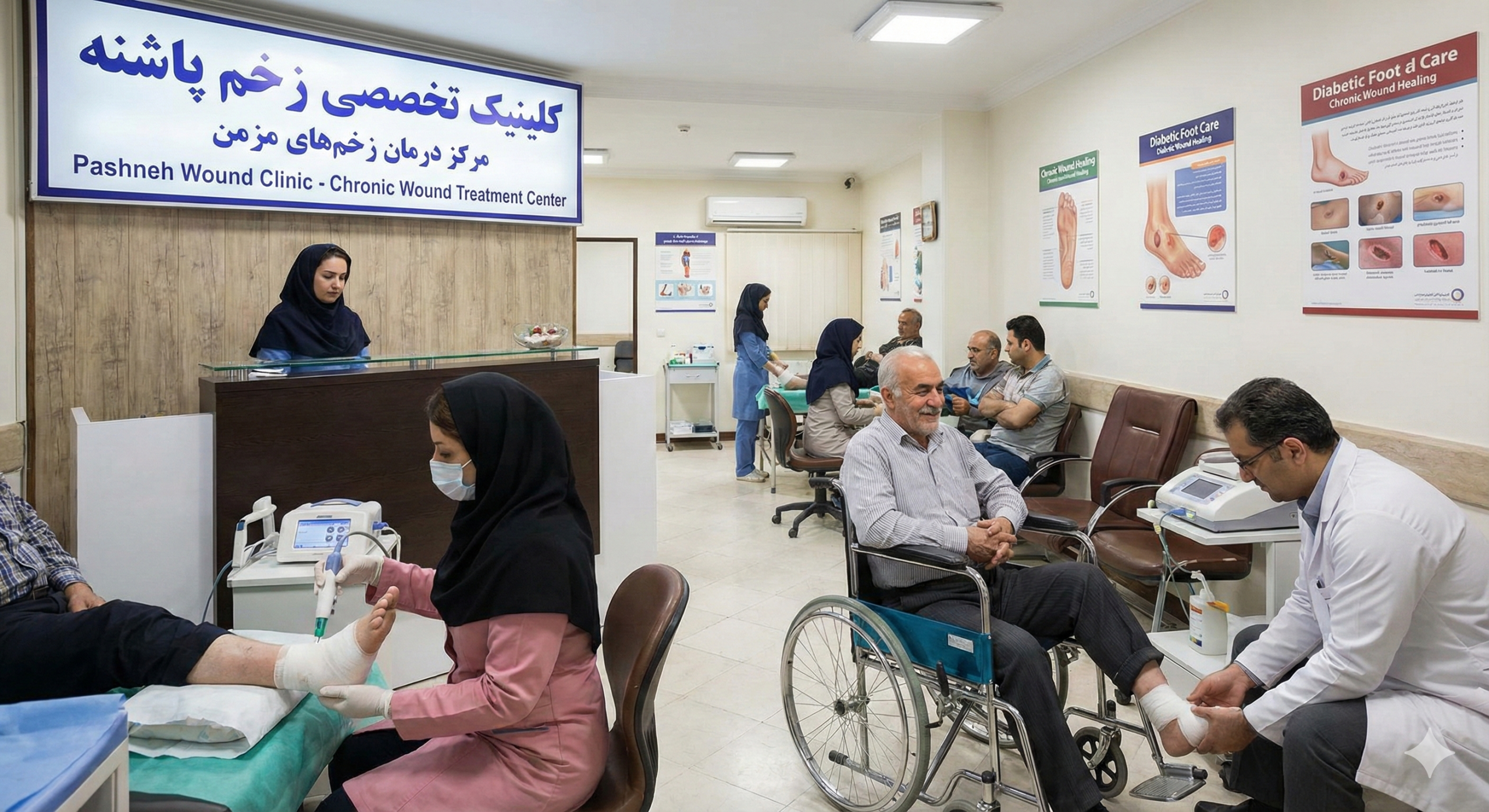 تیم پزشکی کلینیک زخم پاشنه در حال مشاوره تخصصی درمان زخم
