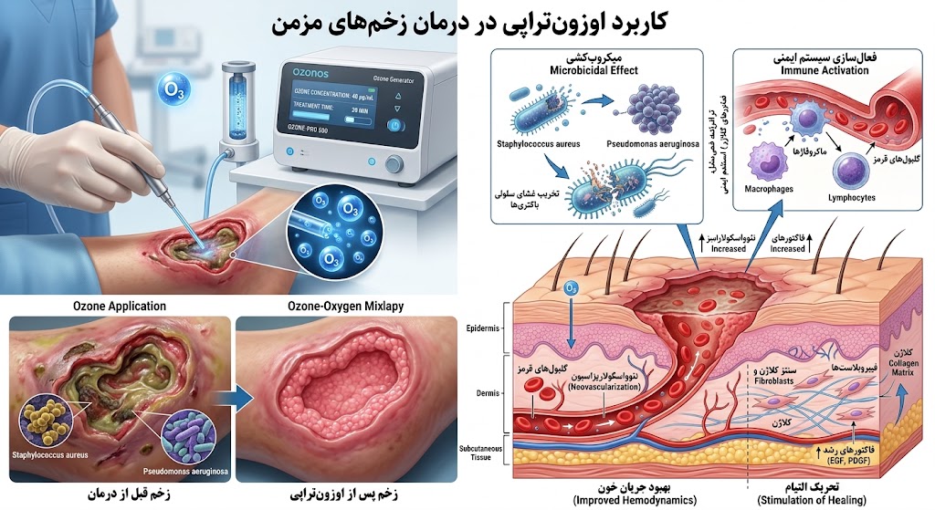 نمودار علمی پزشکی که نحوه عملکرد و کاربرد اوزون تراپی زخم در تهران را برای درمان زخم‌های مزمن نشان می‌دهد و شامل مراحل میکروب‌کشی، فعال‌سازی سیستم ایمنی و ترمیم بافت است.