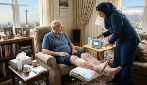 پرستار در حال ارائه خدمات وکیوم تراپی زخم در منزل برای بیمار سالمند (قابل ارائه در تهران).