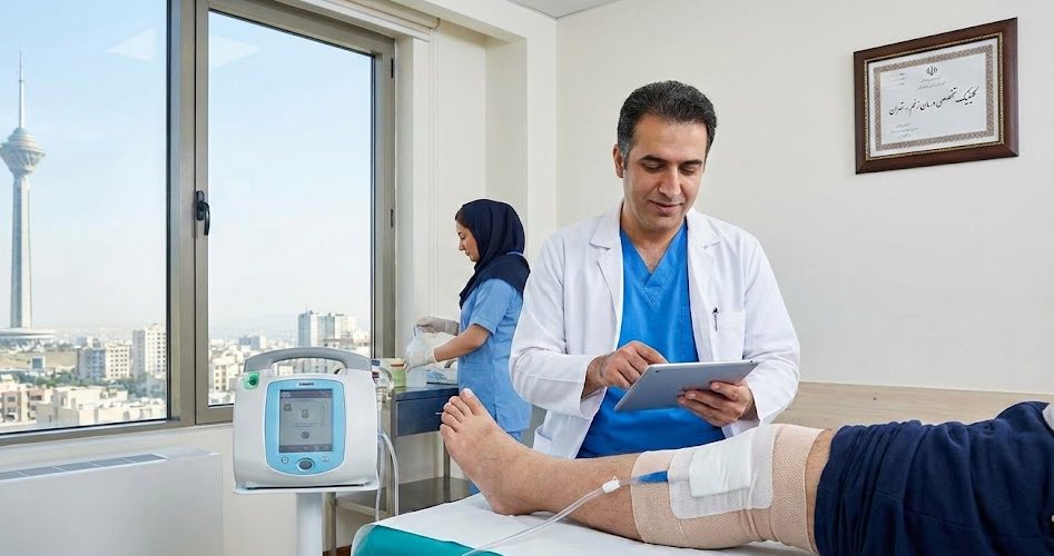 درمان زخم عفونی پای یک بیمار با استفاده از دستگاه وکیوم تراپی است