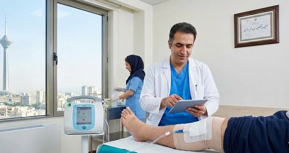 درمان زخم عفونی پای یک بیمار با استفاده از دستگاه وکیوم تراپی است