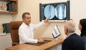 جلسه مشاوره تخصصی جراح عروق با بیمار و خانواده او در کلینیک پاشنه برای بررسی نتایج آنژیوگرافی و تعیین روش‌های درمان قطعی زخم.