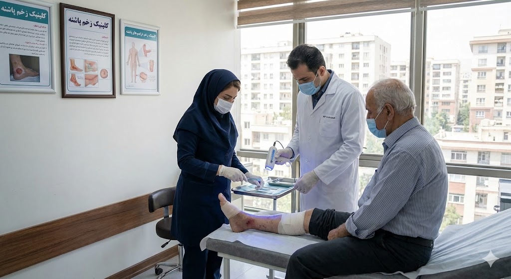 تیم تخصصی کلینیک پاشنه شامل خانم فهیمی در حال اجرای روشهای درمان قطعی زخم با دستگاه پلاسما روی پای بیمار در تهران.