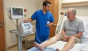 متخصص زخم در حال توضیح نحوه عملکرد دستگاه وکیوم تراپی (NPWT) برای پیشگیری از عفونت زخم عمیق به بیمار.