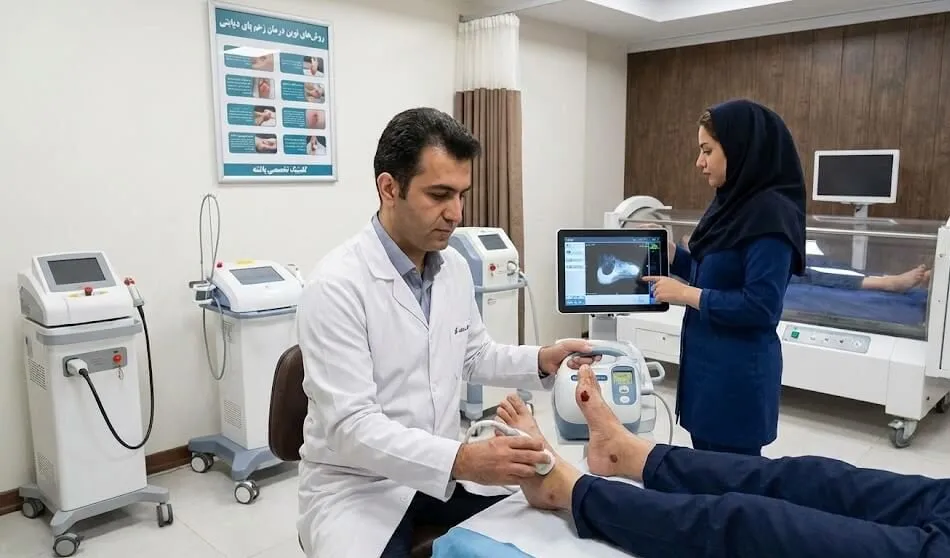 پزشک متخصص و کادر درمانی در حال استفاده از تجهیزات پیشرفته سونوگرافی و مانیتورینگ برای معاینه و درمان زخم پای دیابتی در تهران در کلینیک تخصصی پاشنه.