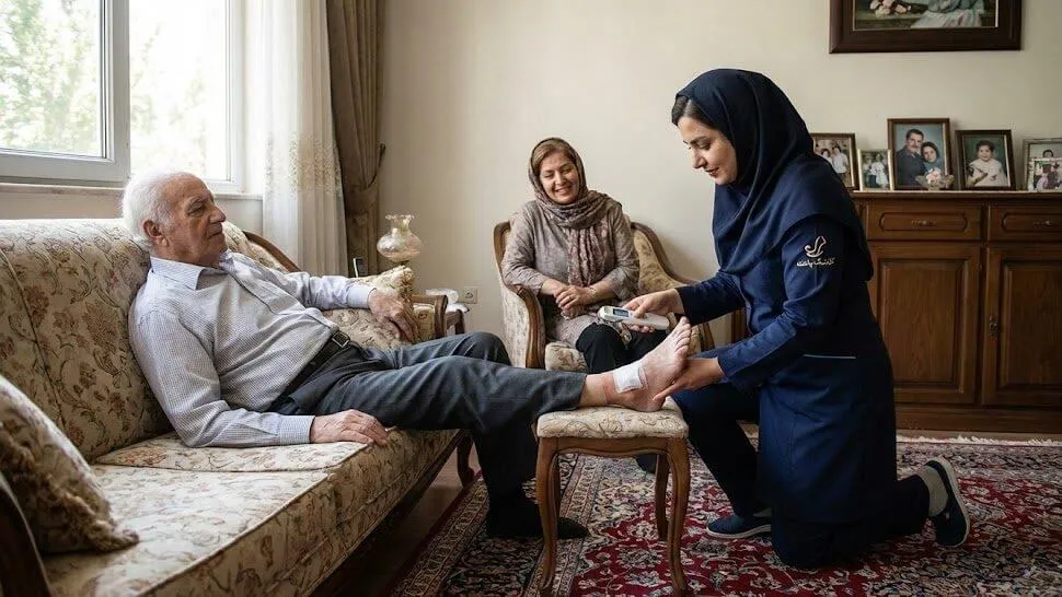درمان در منزل زخم پای بیمار دیابتی توسط درمانگر متخصص کلینیک پاشنه