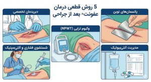 اینفوگرافیک جامع نمایش دهنده ۵ روش تخصصی درمان عفونت‌های بعد از جراحی شامل دبریدمان، پانسمان نوین، وکیوم تراپی (NPWT)، شستشوی فشاری و مدیریت آنتی‌بیوتیک.