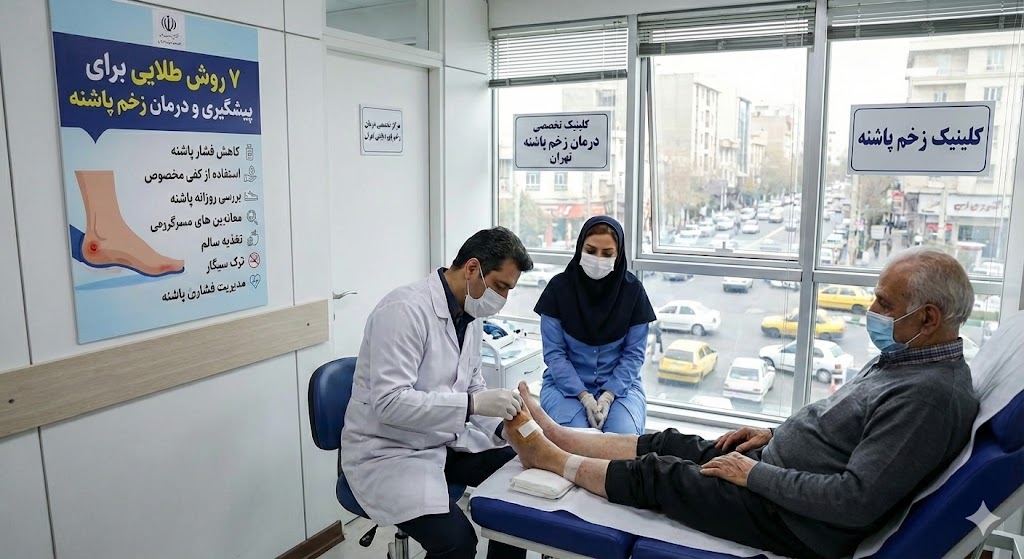 تیم پزشکی در یک کلینیک تخصصی در حال مداوای پای بیمار دیابتی هستند. پوستر آموزشی روی دیوار دقیقاً به "۷ روش طلایی برای پیشگیری و درمان" اشاره دارد که اصول بنیادین درمان زخم پای دیابتی در تهران؛ ۷ روش برای جلوگیری از قطع عضو را نشان می‌دهد.