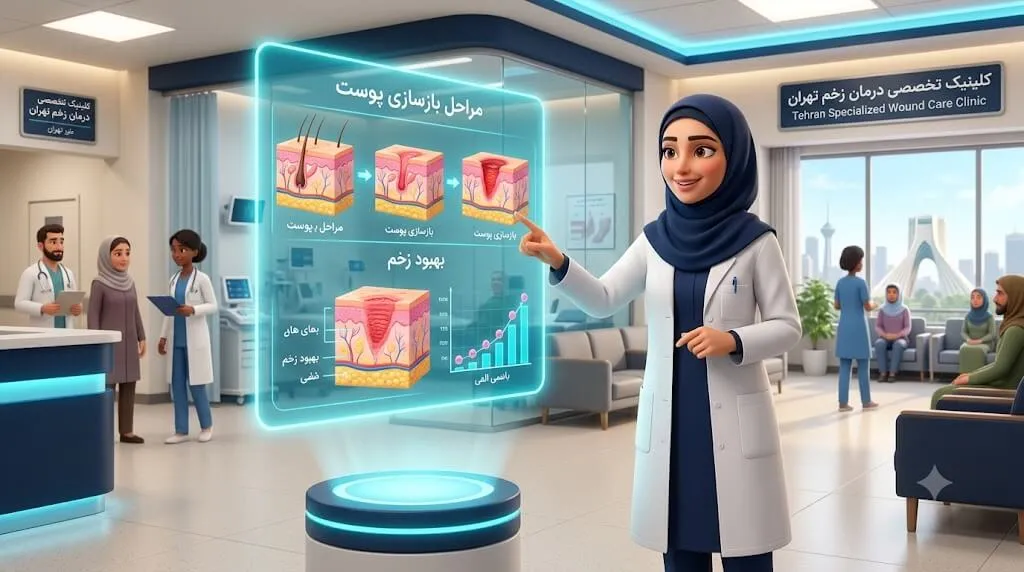 پزشک متخصص در حال توضیح مراحل و علائم بهبودی زخم روی نمایشگر هولوگرام