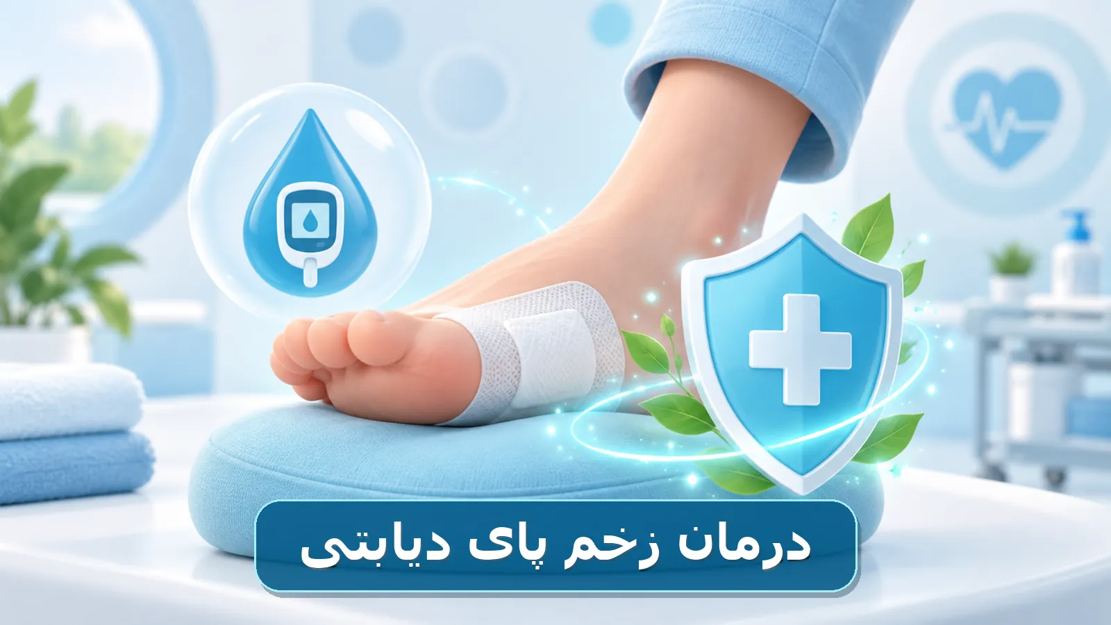 تصویر فانتزی درمان زخم پای دیابتی با پانسمان تخصصی و محافظ پزشکی