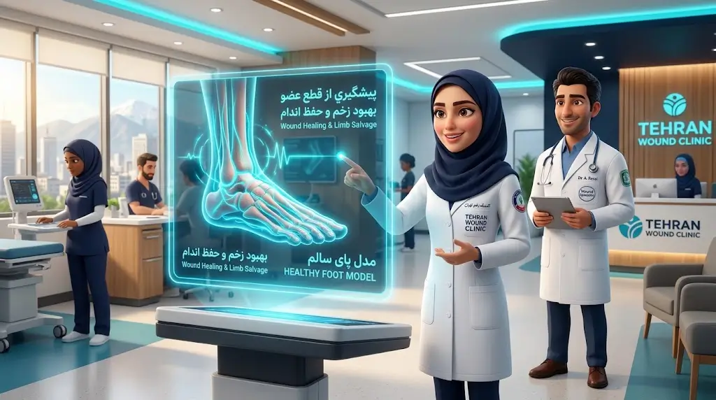 مشاور متخصص در حال راهنمایی بیمار جهت جلوگیری از قطع پای دیابتی